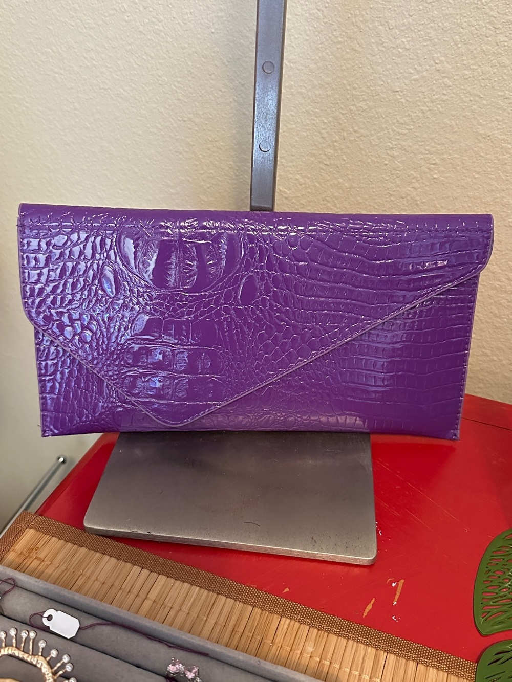 Purple Croc-Embossed Envelope Clutch